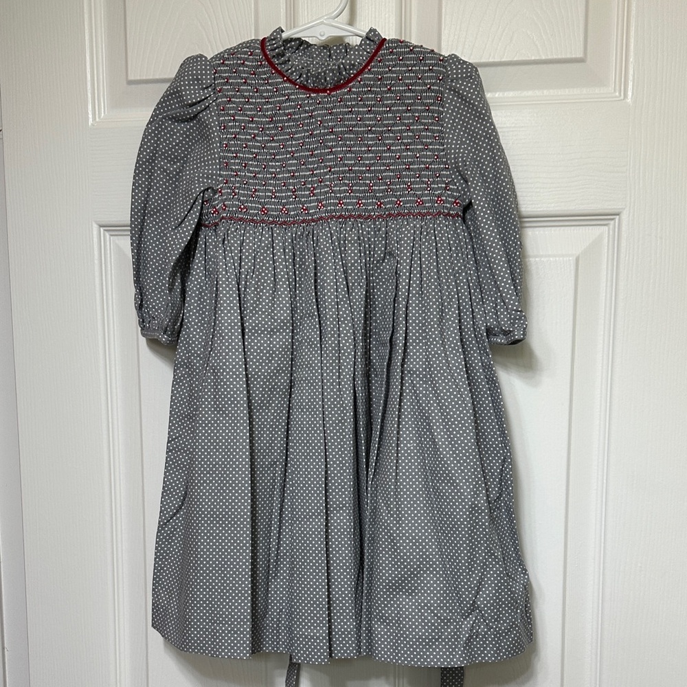 Luli & Me Smocked Grey Dress with Red Accents